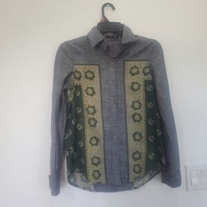 Gray‎ and Green Floral Button-Up Shirt For Women Size S